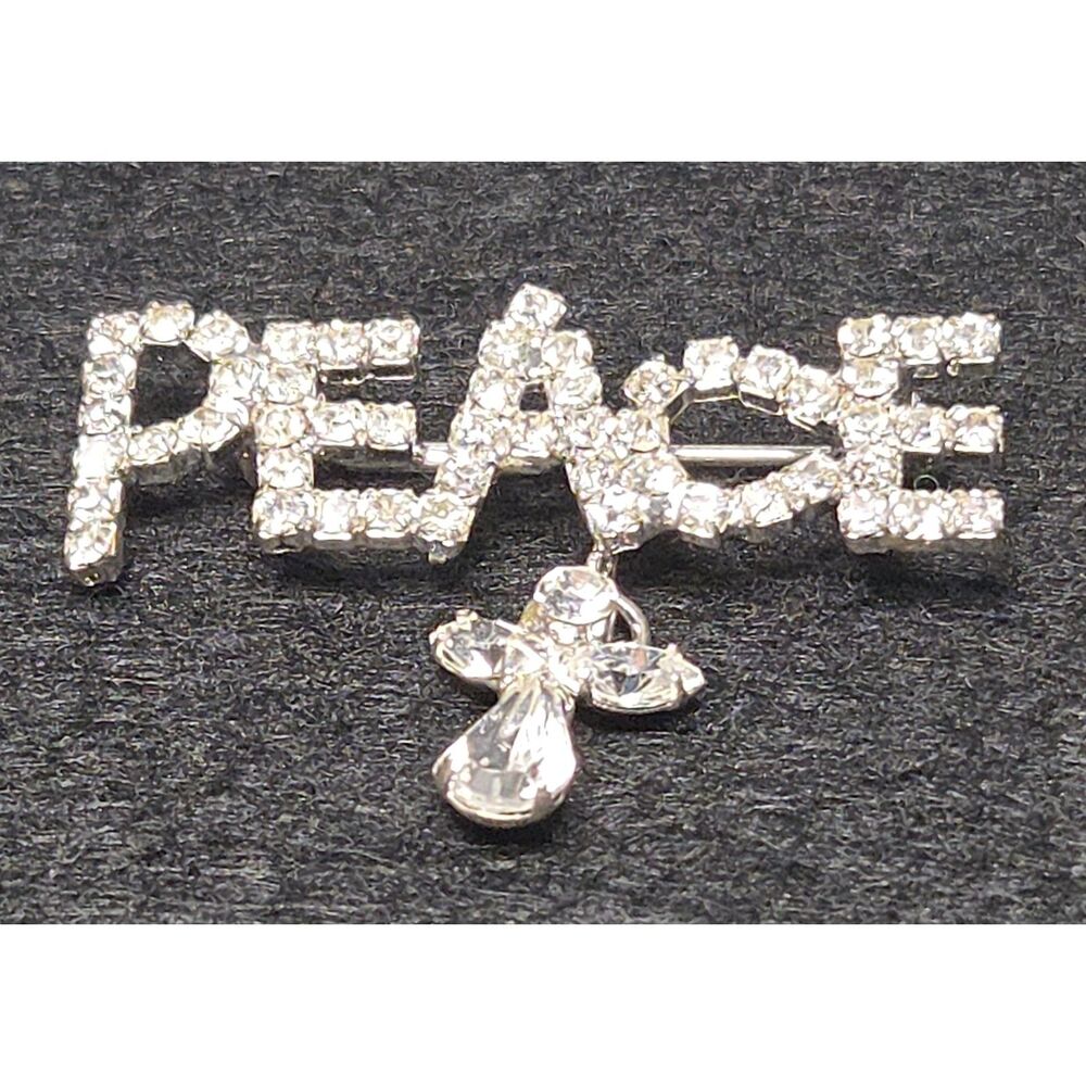 Peace Brooch Dangling Angel Clear Rhinestones